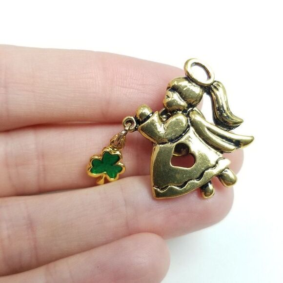 Vintage Angel with Shamrock Charm Lapel Pin Brooch, Gold Tone Green Enamel - Picture 2 of 5